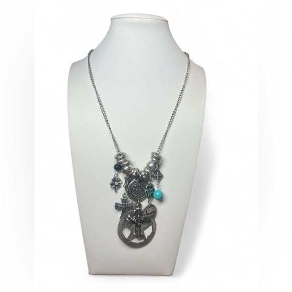 Jewelry - Boho Silver Cross Medallion Necklace with Turquoise Bead Charm Layered Statement